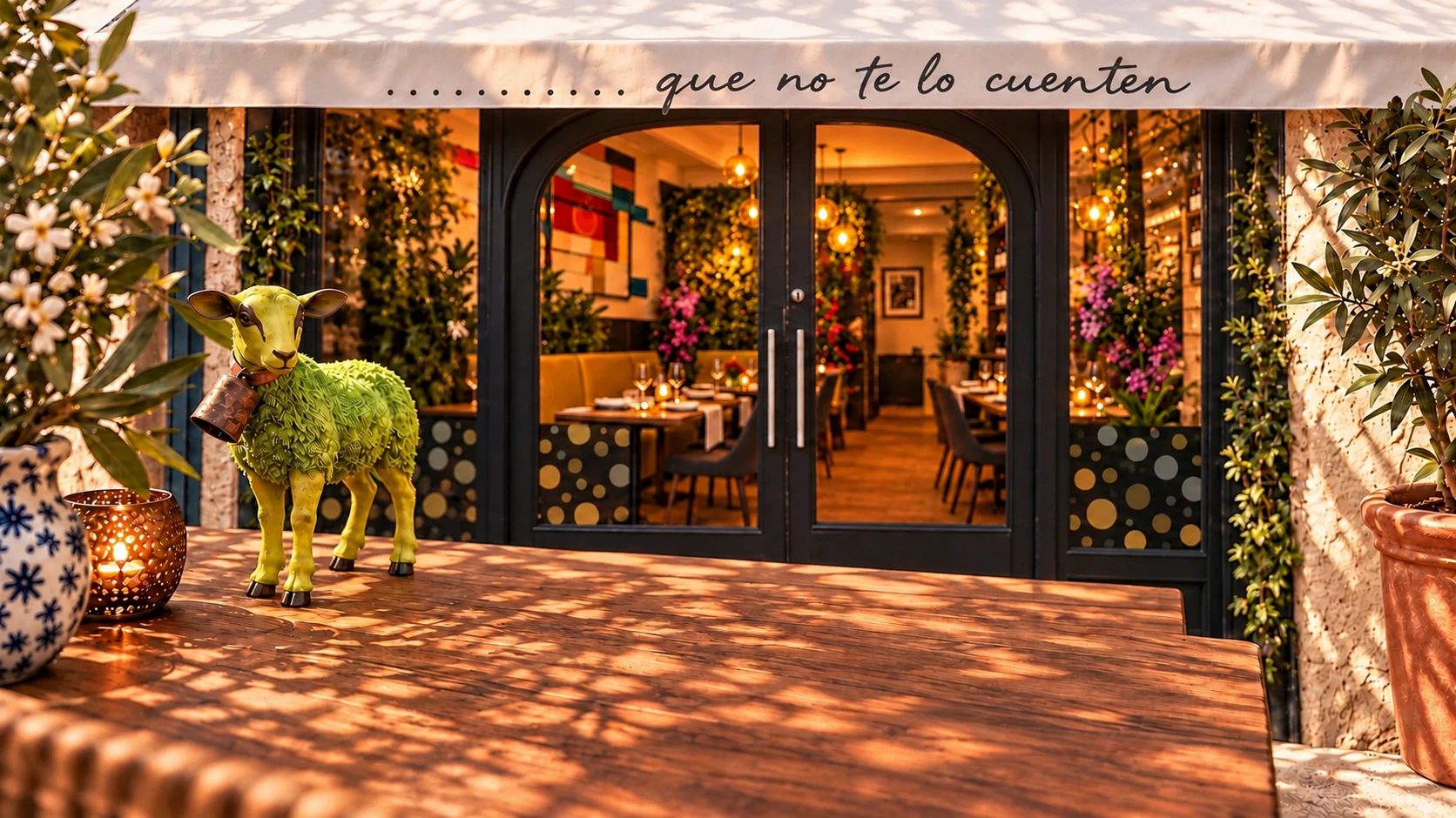 Entrada del gastrobar con flores en una pared verde, una mesa de madera en primer plano y platos que se sirven